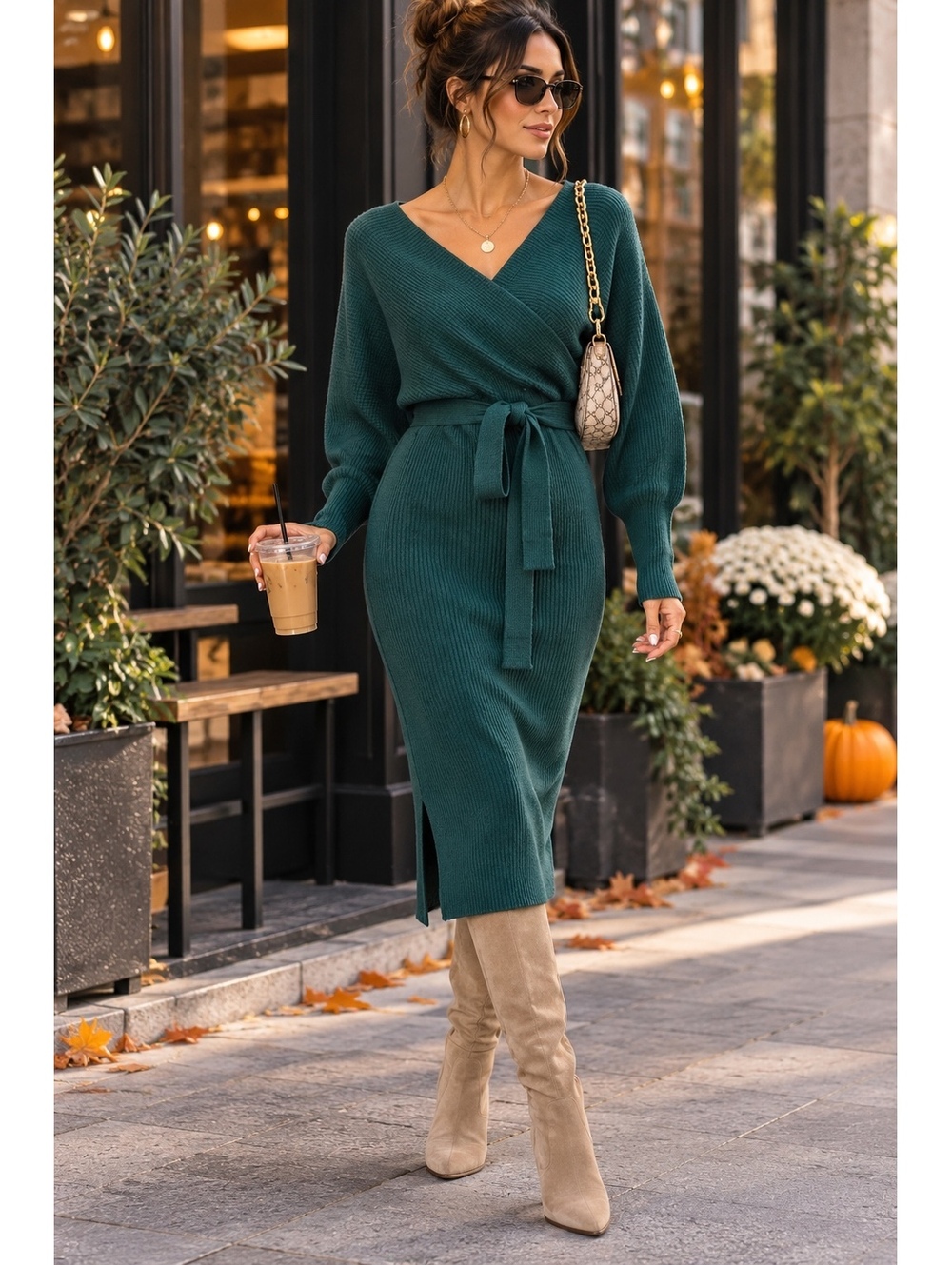 Hunter Green Autumn Moody Midi Long Sleeve Cozy Sweater Dress-Size Large